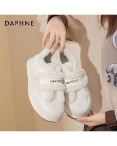Daphne Platform White Sneakers for Women - Fuzzy Lined Warm Winter Shoes with Velcro Closure, Beige, Size 38