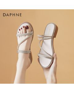 Daphne Women's Sandals Comfortable Chunky Heel Rhinestone Decorated Sandals Fashion Two-Way Slippers Low Heel Beach Sandals Beige 37