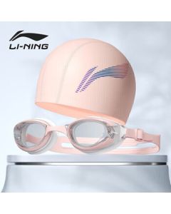 LI-NING Women's Swimming Goggles and Cap, Waterproof and Anti-Fog, Unisex HD Swimming Glasses, Flat Lens, Pink 24-19