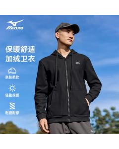 Mizuno Men's Outdoor Hooded Fleece-Lined Sweatshirt, Casual Warm Zip-Up Jacket for Autumn and Winter, Versatile Outerwear, Black, XL