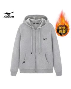 Mizuno MIZUNO Men's Casual Outdoor Hooded Sweatshirt, Fleece-Lined Thick Open-Front Jacket for Spring, Autumn, and Winter, Solid Color Loose Fit