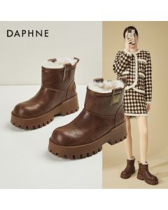 Daphne Platform Fashion Versatile Women's Winter Snow Boots with Fleece Lining, Comfortable Heightening Ankle Boots, Brown, Size 38