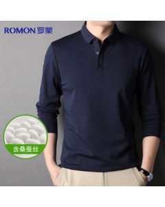 Romoni Men's Long-Sleeve T-Shirt with Mulberry Silk, Polo Top, Stretchy Cool Fabric Undershirt, Navy Blue XL