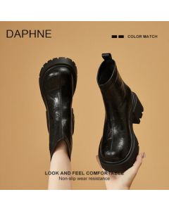 DAPHNE Women's Black Martin Boots 2025 New Spring/Autumn Thick-Cheled Platform Chelsea Boots Mid-Calf Boots