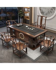 Snow Battle Tea Table and Chair Set Office Solid Wood Tea Table 1.8m Table + 1 Round Chair + 4 Copper-Sleeved Crescent Chairs with Large Tea Tray