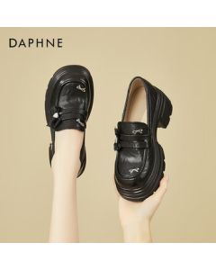 DAPHNE Platform Loafers for Women - Fashionable Soft Leather Chunky Heel Shoes, British Style Low Height High Heel Work Shoes, Black, Size 37