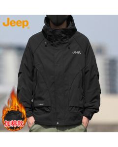 JEEP Men's Jacket Autumn Winter Windbreaker Casual Loose Workwear Coat Men's Clothing Black with Cotton Padding 2XL