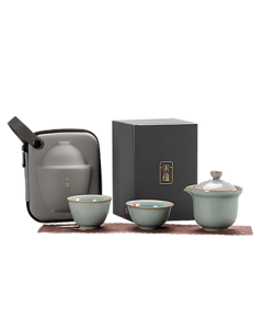 Tangfeng Li Guilian Ru Kiln Travel Tea Set, Quick Cup Set with One Pot and Two Cups, Portable Outdoor Tea Brewing Gift Box
