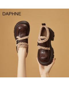 DAPHNE Women's Fleece Loafers 2025 New Winter Cotton Shoes Thick Platform Height-Increasing Versatile British Style Leather Shoes for Women