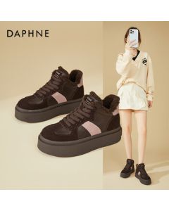 Daphne Comfortable Versatile Platform High-Top Sneakers for Women, Winter Retro Fleece-Lined Warm Casual Shoes, Coffee Pink, Size 40