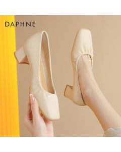 Daphne Women's Shoes Retro Square-Toe Chunky Heel Dress Pumps Office Leather Shoes 4024101019 Beige 40