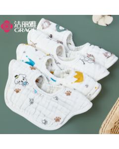 Grace Class A Pure Cotton 8-Layer Bib Set of 4, Baby Gauze Drool Bibs, 360° Rotating Absorbent Feeding Bib