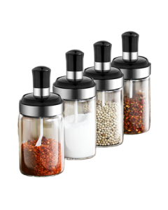 Star Glass Salt Jar with Spoon Lid - Set of 4, Airtight Kitchen Storage Containers for Salt, Sugar, and BBQ Seasoning