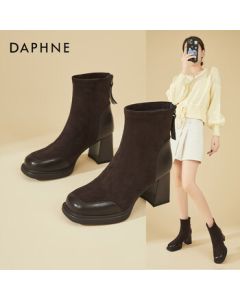 Daphne Chunky Heel Suede Stretch Slim Boots Women's Winter Fleece-Lined High Heel Slimming Versatile Ankle Boots Sock Boots - Brown, Size 38