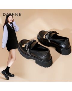 Daphne Platform Loafers Women's 2022 British Style Leather Shoes Chunky Heel Flats Black 36