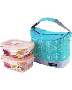LOCK&LOCK Heat-Resistant Glass Food Storage Container Set with Lunch Bag, Microwaveable and Fridge-Safe, 2-Piece Set for Office and School Use with Compartments
