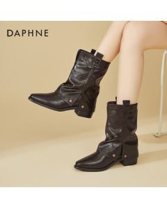 DAPHNE Fashionable Pointed Toe Stacked Boots for Women - Versatile Chunky Heel Ankle Boots with Faux Fur Lining - Brown - Size 37
