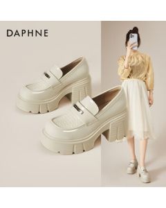 Daphne Chunky Heel Loafers for Women - British Style Versatile Flats for Petite Women, Black Office Leather Shoes for Women, Beige, Size 37