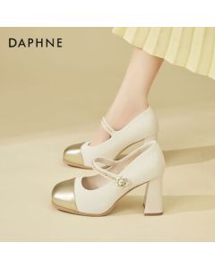 Daphne Stylish French Mary Jane Shoes for Women, Elegant Chunky Heel High Heel Round Toe Pumps, Beige, Size 35
