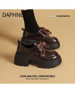 DAPHNE Women's Black Leather Shoes 2025 New Autumn Collection Chunky Sole Versatile British Retro Brogue Oxford Shoes