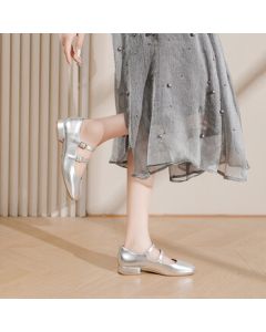 Daphne Silver Double-Buckle Mary Jane Women's Shoes Casual French Retro Low-Heel Ballet Flats Silver 36