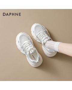 Daphne Dad Shoes Women's Thick-Soled Height-Increasing Hollow-Out Breathable Comfortable Versatile Casual Sneakers Fashion Beige Size 37