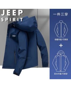 JEEP SPIRIT Men's All-Weather Jacket Spring Autumn Winter Three-in-One Hooded Outdoor Hiking Coat - Navy Blue 2XL