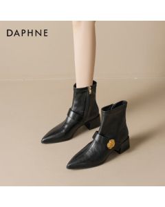 Daphne Women's Brown Pointed-Toe Ankle Boots 2025 New Autumn Chunky Heel Martin Boots Mid-Calf Boots - Black, Size 38