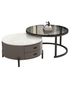 KULIN Coffee Table - Luxury Rock Panel Coffee Table with Tempered Glass Top, Round Combination Coffee Table with Drawers, Grey Double Drawer