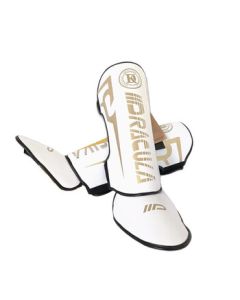 Muay Thai Dracula Boxing MMA Shin Guards with Instep Protection for Adults and Kids, Taekwondo Gear - White Gold L