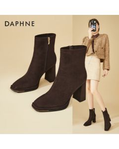 Daphne Fashion Versatile Suede Slim Boots for Women, Autumn/Winter Plush Retro Chunky Heel High Heel Ankle Boots, Brown, Size 38