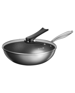 Cooker King Wok 304 Stainless Steel Frying Pan, 32cm Flat Bottom Non-Stick Stir-Fry Pan with Standable Transparent Lid, Compatible with All Stoves