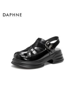 Daphne Platform Roman Sandals Women's Summer New Genuine Leather Peep-Toe Shoes 4025101561 Black 39