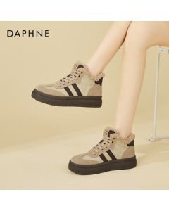 Daphne Platform High-Top Casual Shoes for Women, Winter Fleece-Lined Warm Sneakers, Retro Versatile Women's Shoes - Camel, Size 37