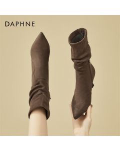 Daphne Pointed Toe High Heel Mid-Calf Boots for Women, Fleece-Lined Slim Boots, Versatile Suede Stacked Boots, Khaki Single-Lined Size 37