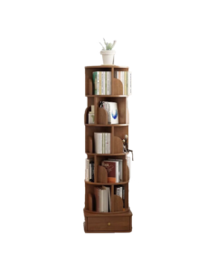 Xiaojiangcai Simple Rotating Bookshelf 360-Degree Bookcase Mobile Floor Display Stand Four-Tier Walnut Color Living Room Showcase