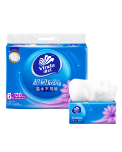 Vinda Ultra Tough 3-Ply Facial Tissues, 130 Sheets per Pack * 6 Packs (Small Size), Wet-Resistant, Toilet Paper, Napkins, Paper Towels