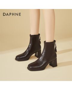 DAPHNE Retro High-Heel Lined Ankle Boots for Women, Petite French Square-Toe Fashion Chunky Heel Slimming Leather Boots, Brown, Size 37