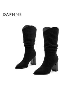 Daphne Women's High Boots Folded Chunky Heel Stacked Boots Pointy Toe Slimming Boots 4024605053 Black 34