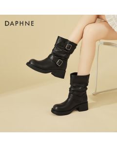Daphne Chunky Heel Platform Western Boots for Women, Winter Fleece Stacked Boots, British Style Versatile Mid-Calf Boots, Black, Size 38