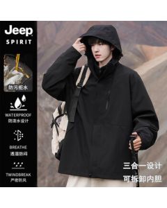 JEEP Unisex 3-in-1 Two-Piece冲锋夹克 Jacket, Windproof Water-Repellent Thermal Coat, Black, Size L