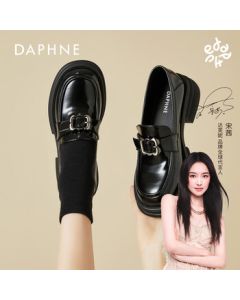 Daphne Loafers for Women - Chunky Heel Round Toe British Style Black Leather Shoes, Black, Size 39