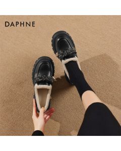 Daphne Loafers for Women Retro Thick-Soled Slip-On Shoes with Fleece Lining Leather Shoes 4024607147 Black 39