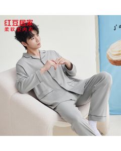 Hongdou Home Men's 220g Double-sided Pure Cotton Combed Compact Siro Spun Pajama Set - Solitary Gray XL