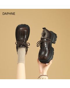 DAPHNE Women's Shoes Thick-Soled Fleece Loafer 2025 Winter New Versatile British Style Leather Shoes Black Cotton Shoes