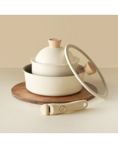 kims cook Cookware Set 18cm Milk Pot*1 + 24cm Deep Frying Pan*1 + 1 Detachable Handle HSKC-BASIC-2