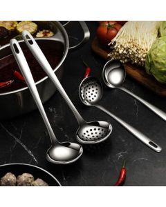 Min Nai Stainless Steel Hot Pot Ladle, Household Long Handle Soup Spoon, Slotted Spoon, Thickened and Deepened Soup Spoon, Large 7-Hole Slotted Spoon