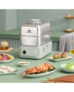 DAEWOO Multi-functional Large Capacity Double-layer Stainless Steel Electric Steamer with Preset and Keep Warm Function DYZG-1568 Morandi Green 14.5L