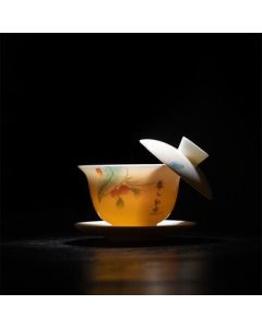 Simetang Jingdezhen Hand-Painted Ceramic Three-Piece Lid Bowl "Persimmon Wishes" Kungfu Tea Set Blue and White Thin-Wall Tea Brewing Bowl 190ml