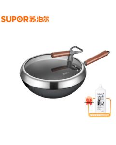 SUPOR Non-Stick Titanium Iron Wok Without Coating, Composite Iron Stir-Fry Pan 30cm, Compatible with Gas and Induction Cookers, Model CC30YT1 + Includes a Bottle of Dish Soap (Single Shipment)